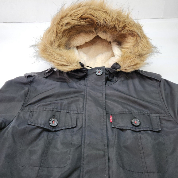 Levi's Women's Cotton Nylon Faux Fur Hooded Sherpa Parka Jacket Black Large - Picture 2 of 12